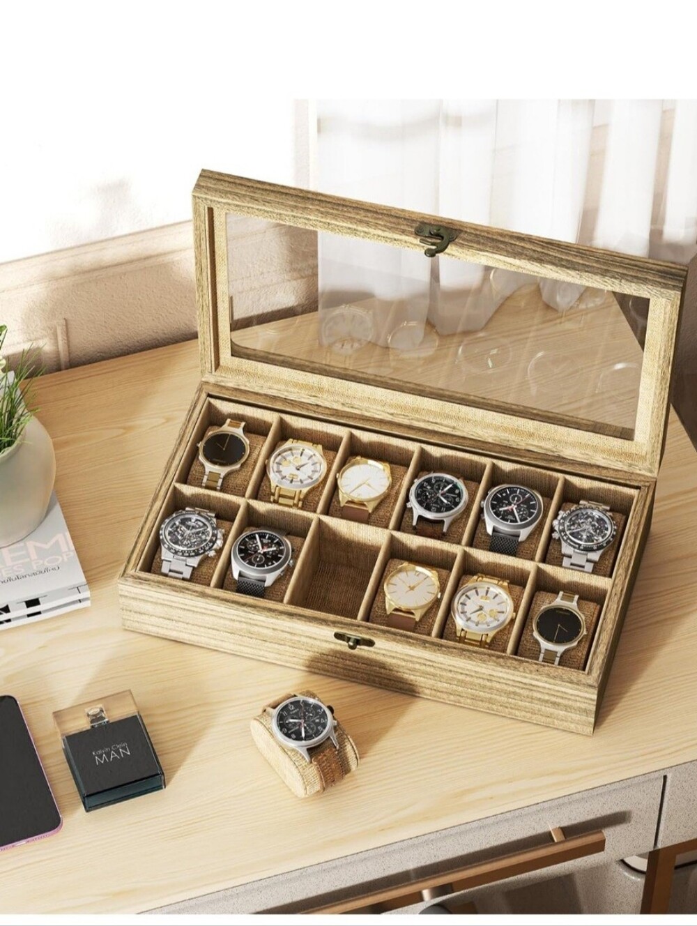 Wooden Glass-Top Watch Storage Box - 12 Slot - Natural Brown